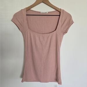 Reformation Bardot Pink Ribbed Knit Square Neck Short Sleeve Top Sz Small